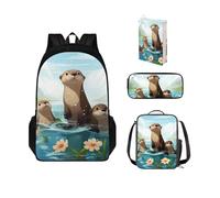 Chririnla Ensemble cartable loutre de dessin animé pour la rentrée scolaire avec sac à déjeuner, étui à stylos, pochette souple, 4 pièces pour l'école primaire
