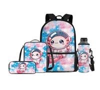 Chririnla Sac à dos d'école 4 pièces avec sac à déjeuner, trousse à crayons, porte-bouteille d'eau pour garçons et filles, Astronaute Axolotl, Taille unique, Sacs à dos de jour