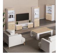 AltoBuy Chris Oak - Salon Complet avec Vitrine 2P Laqué Blanc Brillant Aspect Bois