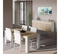 AltoBuy Chris Oak - Séjour Table + Buffet Laqué Blanc Brillant Aspect Bois
