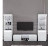 CHRIS WHITE - Ensemble Salon meuble TV Laqué Blanc Brillant et Imitation Marbre - Altobuy Blanc