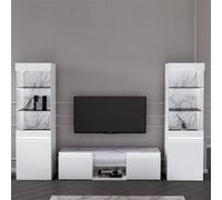 CHRIS WHITE - Ensemble Salon meuble TV Laqué Blanc Brillant et Imitation Marbre - Altobuy Blanc G
