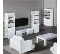 AltoBuy Chris White - Salon Complet avec Vitrine 2P Laqué Blanc Brillant et Imitation Marbre