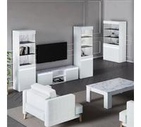 AltoBuy Chris White - Salon Complet avec Vitrine 2P Laqué Blanc Brillant et Imitation Marbre