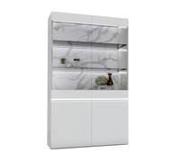 CHRIS WHITE - Vitrine 2 Portes Laquée Blanc Brillant Fond Imitation Marbre avec Led