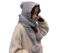 CHRISK Version Coréenne Bonnet en Laine pour Femme Automne Hiver avec une Écharpe - Bonnet en Une Pièce Mignon, Laine Épaisse, Oreille en Ampoule, Chaud - Tricoté, gris, Taille unique