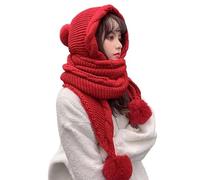 CHRISK Version coréenne Bonnet en laine pour femme Automne Hiver Avec une écharpe Chapeau une pièce Mignon Laine Bulbous Oreilles Épaississement Chaud Bonnet Tricot, Rouge, taille unique