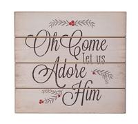Christian Art Gifts Décoration murale de Noël en bois pour la maison et la cuisine : Let Us Adore Him, décoration festive à suspendre, thème houx blanc et rouge, 33,5 x 30,5 cm