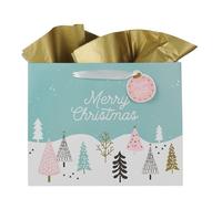 Christian Art Gifts Grand sac cadeau, étiquette et papier de soie pour homme et femme : Merry Christmas, jolies poignées en ruban de satin robuste, bleu sarcelle, pastel multicolore