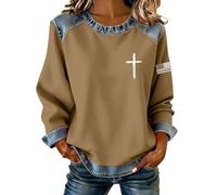 Christian Denim Patchwork Chemise Femme Faith Croix Drapeau Imprimé Manches Longues Bloc de Couleur Col Rond Sweatshirt Oversize Pull, kaki, 3XL