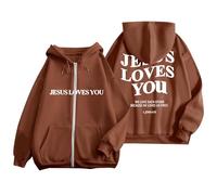 Christian Jesus Loves You Sweat à capuche pour femme 2025 graphique doux avec fermeture éclair Dieu Y2K Doublure polaire Cordon de serrage Coupe ample Faith Pray The Lord, café, S