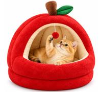 Christmas Apple-Shaped Cat Bed, Cozy Cat Cave for Indoor Cats (Red,S) | Soft Semi-Enclosed Apple Cat Cave with Removable Cushion & Hanging Pom-Pom