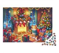 Christmas Cat Fireplace Colourful Cozy Christmas Living Room 1000 Pcs Jigsaws for Adults The Impossible Challenge Fun Present 52x38cm/1000pcs