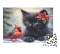 Christmas Cat with Bird 100% Recycled Cardboard Black Kitten & Cardinal 1000Pc Jigsaw Puzzles for Adults & Kids Fun Present 52x38cm/1000pcs