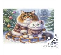 Christmas Cats Sleigh 1000 Piece for Adults Teens: Two Cats in Winter Outfits Educational Game for Wall Decoration 38x26cm/1000pcs