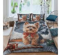 Christmas chien Ensemble De Literie Microfibre 3 Pièces 3D Imprimée Respirante Festive yorkshire terrier Housse de Couette avec Fermeture Éclair Ultra Douce for Chambre de garçons Double（200x200cm）