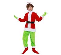 Christmas Children Green Hairy Monster Costume 6Pcs Santa Suit Cosplay Fancy Dress Outfits Xmas Party Full Set For Girls Boys Santa Outfit with Hat Belt Gloves Shoes Covers(150)