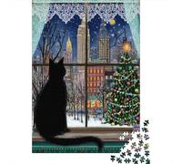 Christmas Cityscape with Cat Puzzles 1000 Pieces Cadeau Unique Jeu Éducatif Challenge Toy À De Qualité Supérieure Peinture Art pour Adultes Et Enfants À Partir De 12 Ans 70x50cm/1000pcs