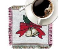 Christmas Coasters, Square Fabric Drink Mats with Fringe Edges, 13cm Polyes