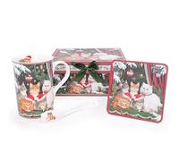 Christmas Concepts® Gamme de vaisselle en céramique de luxe Festive Cat - Service à thé comprenant une tasse de 10,5 oz, une cuillère et un dessous de verre avec boîte-cadeau décorative assortie