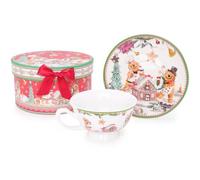 Christmas Concepts® Gamme de vaisselle en céramique de luxe Gingerbread - Ensemble tasse à thé et soucoupe de 6 oz avec coffret cadeau décoratif assorti