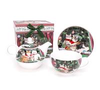 Christmas Concepts® Vaisselle en céramique de luxe « Chat festif » - Service à thé comprenant une théière, une tasse et une soucoupe, avec coffret cadeau décoratif assorti