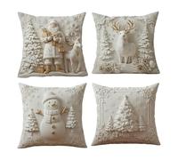 Christmas Cushion Covers Set of 4, Christmas Themed Cushion Covers, 2D Soft White Christma Throw Pillow Cover Snowman Reindeer Trees Decor Holiday Pillow Cover Farmhouse for Couch Sofa Bed (Style-L)