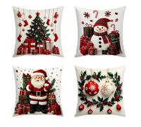 Christmas Cushion Covers Set of 4, Christmas Themed Cushion Covers, 2D Soft White Christma Throw Pillow Cover Snowman Reindeer Trees Decor Holiday Pillow Cover Farmhouse for Couch Sofa Bed (Style-N)