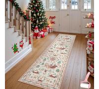 Christmas Deer Santa Long Rug, Festive Soft Washable Holiday Carpet, Reindeer Non-Slip Floor Carpets Ornaments for Living Room Kitchen Hallway Entryways