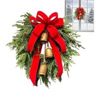 Christmas Door Wreath with Large Red Bow and Pine Cones, Decorative Pine Wreath with Cow Bells, Ornaments, and Ribbon for Indoor/Outdoor Home, Wall, Table, and Window Christmas Decoration