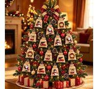 Christmas Drawstring Gift Bags - Santa & Reindeer Design，15PCS | Durable Reusable Fabric Gift Wrapping Bags,Festive Prints Candy Burlap Bags with Closure,for Treat, Christmas Tree Decor