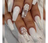Christmas False Nails Snow Press on Nails Glitter Stick on Nails Ballerina Acrylic Short Fake Nails 24pcs for Women and Girls(B)