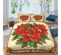 Christmas flowers Ensemble De Literie Microfibre 3 Pièces 3D Imprimée Confortable Vintage holiday illustration Parure de Lit avec Fermeture Éclair Ultra Douce for Chambre à Coucher Single（140x200cm）