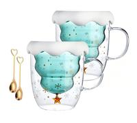 Christmas Glass Coffee Cup with Lid, Double Wall Borosilicate Mug (2Pcs) | Double Walled Christmas Tree Mug, Festive Tea Cups for Cappuccino, Coffee, Kitchen, Party and Winter Dining