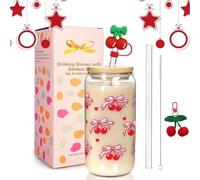Christmas Glass with Straw - Color Changing Hot Cold Glasses with Lid, Kitchen Glass Cups with Lids and Straws, Festive Holiday Drinking Cups for Office School, Travel Vacations, Party, Camping Picnic
