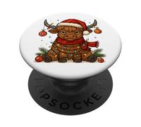 Christmas Highland Cow Tangled Lights Funny Holiday PopSockets PopGrip Adhésif