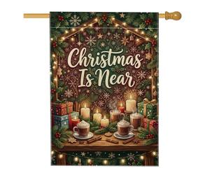 Christmas Is Near Hot Cocoa Drapeau de maison avec citation d'hiver 71 x | Branches à feuilles persistantes, drapeau de pelouse, bougies piliers, boîtes cadeaux, guirlandes lumineuses