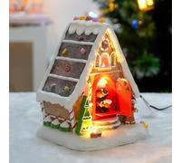 Christmas LED Gingerbread House, Xmas Ginger Bread House Ornament with Music and Warm Lighting, 3*AA Batteries/USB Powered, Red Door Openable and Resin Material, for Indoor Decor, Gift