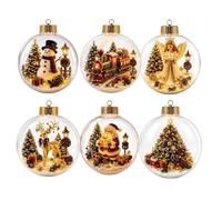 Christmas Light Up Balls 6 Pcs - LED Hanging Ornaments | Reindeer Santa | Warm LED Interior, High Strength Acrylic Sphere, 3.14 Inch Clear Baubles, For Holiday Tree Fireplace Mantel