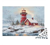 Christmas Lighthouse Scene 100% Recycled Cardboard Red Lighthouse Winter 1000 Piece Jigsaw Puzzles Adults and Children Beautiful Decoration 52x38cm/1000pcs