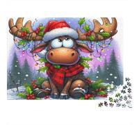 Christmas Moose Cartoon Colourful Cartoon Moose in Santa Hat 1000 Pcs Puzzle for Adults Beautiful Decoration Puzzle Fun Present 52x38cm/1000pcs