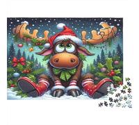 Christmas Moose Cartoon Colourful Cartoon Moose in Santa Hat 1000 Pieces Jigsaw for Adults The Impossible Challenge Brain Development 38x26cm/1000pcs