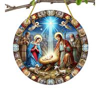 Christmas Nativity Decorations - Religious Holiday Ornament, Acrylic Hanging Decor | Flat Round Nativity Scene Sign, Festive Front Door Window Piece, for Adults Home entryway Seasonal Wall Display
