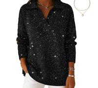 Christmas Party Polo Collar Shiny Loose Sweater Top, Women's Elegant Retro V Neck Sparkly Pullover Sweater (Black,TG)