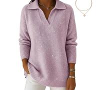 Christmas Party Polo Collar Shiny Loose Sweater Top, Women's Elegant Retro V Neck Sparkly Pullover Sweater (Pink,S)
