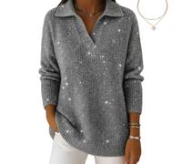 Christmas Party Polo Collar Shiny Loose Sweater Top, Women's Elegant Retro V Neck Sparkly Pullover Sweater (Grey,TG)