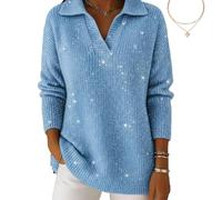 Christmas Party Polo Collar Shiny Loose Sweater Top, Women's Elegant Retro V Neck Sparkly Pullover Sweater (Blue,TTG)