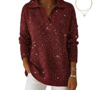 Christmas Party Polo Collar Shiny Loose Sweater Top, Women's Elegant Retro V Neck Sparkly Pullover Sweater (Red,S)