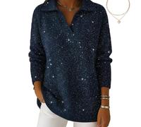 Christmas Party Polo Collar Shiny Loose Sweater Top, Women's Elegant Retro V Neck Sparkly Pullover Sweater (Navy,3TG)