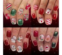 Christmas Press On Nails 96Pcs Short Square Fake Nails Red Green Glitters Snowflakes Reindeer Easy Manicure Set Short Square Glossy Artificial Nail